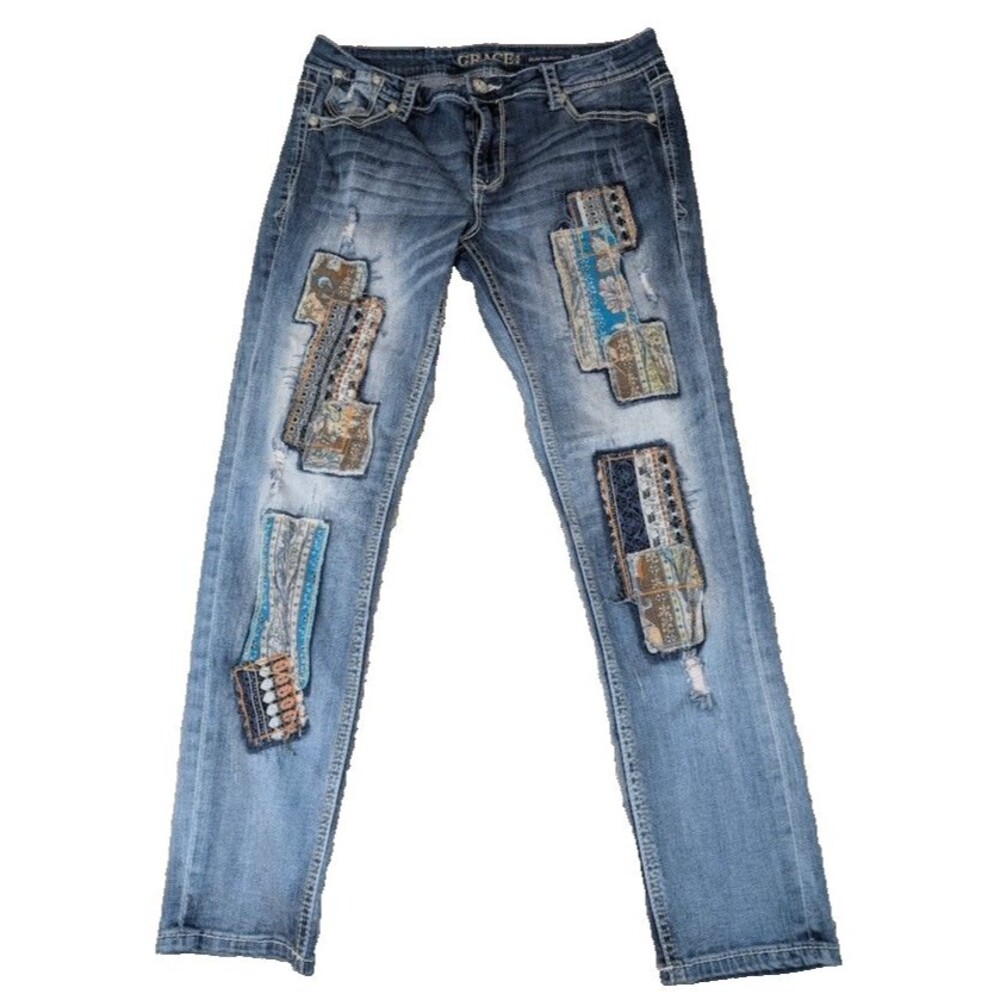 Grace in LA Jeans Slim Slouch 27 (32" Actual) Blue Boho Patchwork Distressed